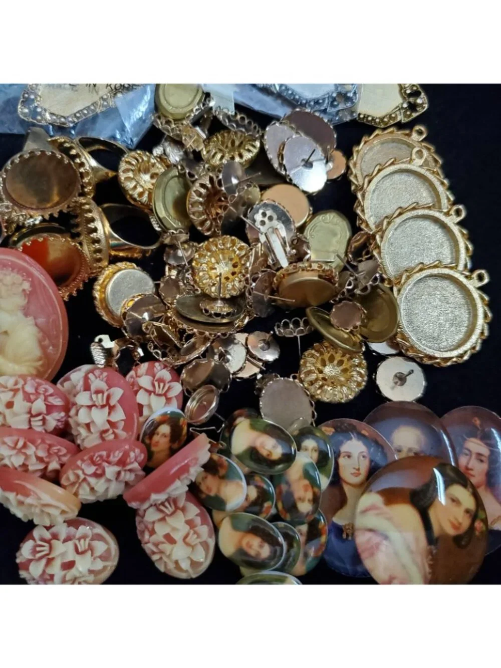 Vintage Cameo Lot Cabochon Settings Acrylic Metal Brooch Ring Earrings DYI Craft